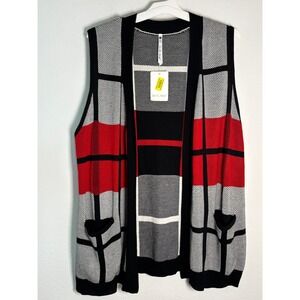 Leo & Nicole Womens XL Red White Plaid Open Front Knit Sweater Vest Pockets